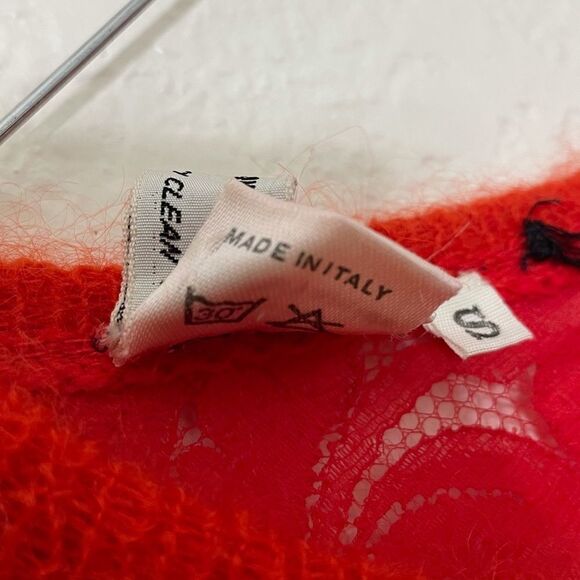 Vintage Red Italian Mohair and Wool Fuzzy Pullover Sweater With Lace Sleeves - Picture 9 of 15